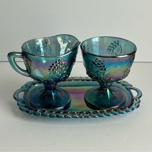 Vintage Indiana Blue Carnival Glass Harvest Grape Cream & Sugar w/ Tray